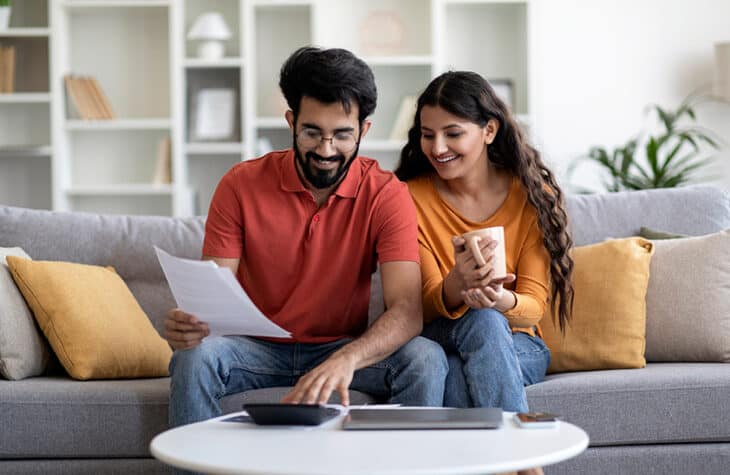 A couple happily looking over documents and planning a budget.