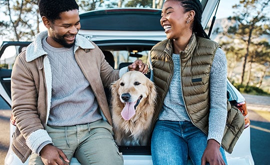 young couple going for a road trip with their dog