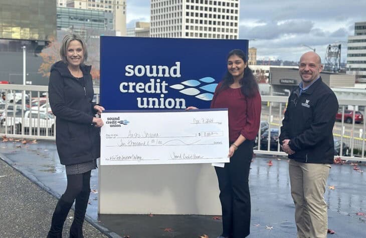 2024 FinTech Incubator Challenge winner, Aashi Sharma with Jen Reed, VP/Public Relations at Sound Credit Union, and Michael Turek, Associate Director, Center for Business Analytics Milgard School of Business at the University of Washington Tacoma