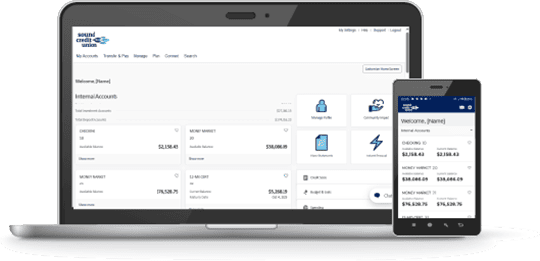 Digital banking as seen on a laptop and mobile phone.